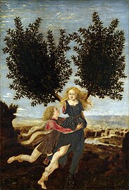 Apollo and Daphne by Antonio del Pollaiuolo, in the National Gallery