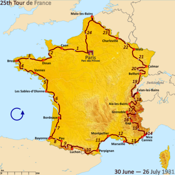 Route of the 1931 Tour de France followed counterclockwise, starting in Paris