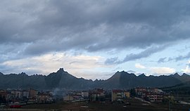 View of the town with mountain range in the background