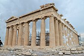 The Parthenon on the Athenian Acropolis, the most iconic Doric Greek temple built of marble and limestone between circa 460-406 BC, dedicated to the goddess Athena[25]
