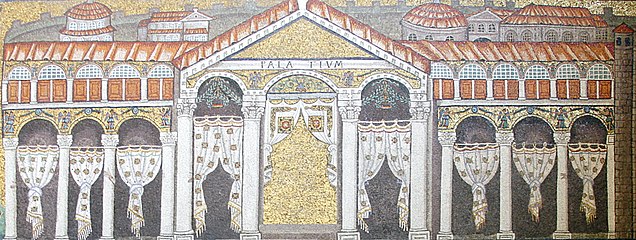 Mosaic of Palace of Theoderic. After his death, images that depicted him and other people were removed from the mosaic and covered with other images. Of the original figures, the hands still remain on the columns of the palace.