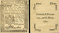 Three Pence note, colonial American money printed 1764