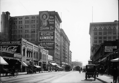 500 block of Main south from 5th, c. 1908. Burbank Theatre at #546 at left