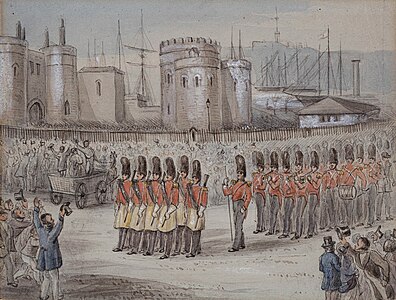Grenadier Guards leaving the Tower prior to embarking on foreign service, 1854, by Tippinge