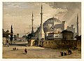South-eastern side, seen from the Imperial Gate of the Topkapı Palace, with the Fountain of Ahmed III on the left and the Sultan Ahmed Mosque in the distance. Lithograph by Louis Haghe after Gaspard Fossati (1852).
