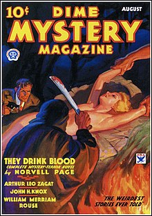 Magazine cover. A cloaked figure with a raised machete stands in the foreground, over a naked blonde woman being held down on a stone platform. In the background approaches a man in a suit holding a revolver.
