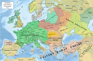 Map of Europe and the Mediterranean basin showing the polities of the year 814 in various colours
