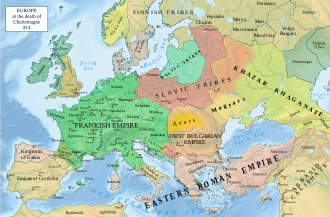 Map of Europe and the Mediterranean basin showing the polities of the year 814 in various colours