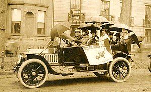 Florence Brooks Whitehouse driving with suffragists in Portland, Maine in 1914