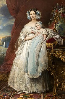 Portrait of a woman holding a baby, both wearing long dresses