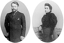 Two greyscale photos where each photo is in the shape of an oval: Henri Matisse (left) and Amélie Matisse (right)