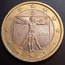 Italian 1 Euro coin 2002. The design shows the famous drawing by Leonardo da Vinci, displayed in the gallery of the Academy in Venice, illustrating the ideal proportions of the human body.
