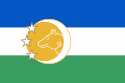 Flag with blue, white and green stripes and crescent with stars, which have a picture of wolf in it