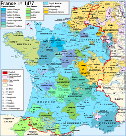 Map of France in 1477, showing the duchy of Bar in "Valois-Anjou" colours