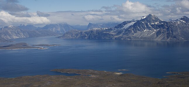 Aerial view of the fjord and Sermitsiaq mountain