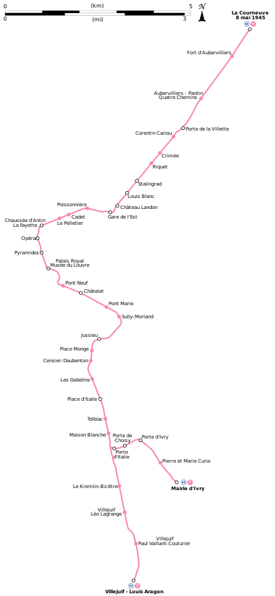 Geographically accurate diagram of Paris metro line 7