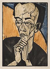 Erich Heckel, Portrait of a Man, 1918, color woodcut, over zincograph, in green, blue, ochre and black on paper [6]