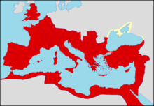 A map of Europe showing the Roman Empire in red.