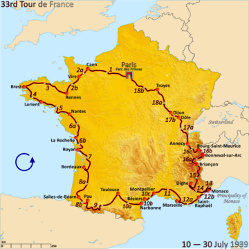 Route of the 1939 Tour de France followed counterclockwise, starting in Paris