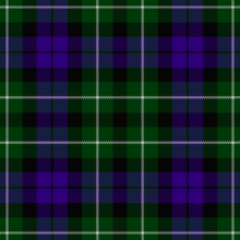 A tartan of purple and black bands on a green ground, with thin over-check of white on green and thinner of black, on purple