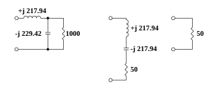 Schematic diagrams of three matching networks, all with the same impedance