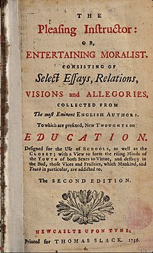 Title page of Ann Fisher's The Pleasing Instructor or Entertaining Moralist 2nd ed. Newcastle upon Tyne: Thomas Slack (1756)