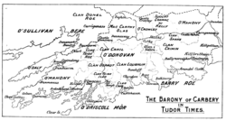 A map of Carbery in Tudor times featuring the various Gaelic clans living in the area.
