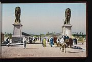 View of western bridge end with lions (circa 1930s)