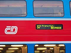 Destination and line number signs on public transport vehicles (a suburban train in Prague, Czech Republic)