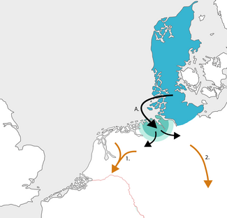   Position of North Sea Germanic dialects prior to the migration period (3rd century CE).   Migration of the Saxons from the territory of the Angles (A.).   Migration of Weser Rhine Germanic speakers towards the Roman limes (1.), southward migration of Elbe Germanic speakers (2.).