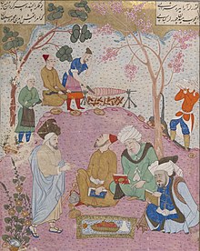 17th-century Shahnameh illustration of Ferdowsi approaching the three court poets of Ghazni: Unsuri, Farrukhi and Asjadi[1]