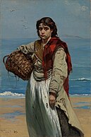 Young girl with a basket on the beach, 1876, depicting Fanny.