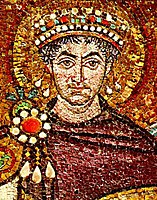The Emperor Justinian (and the Empress Theodora) are haloed in mosaics at the Basilica of San Vitale, Ravenna, 548. See here for earlier and here for later examples.