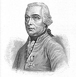 Black and white print shows a white-haired man in a white military coat. He has his right thumb tucked into his belt while his left hand rests on a table.
