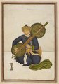 1825. Miyan Himmat Khan Kalawant playing a bin, page from the Tasrih al-aqvam. The bin has four main strings that could be fretted and two side strings.