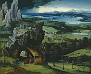 Landscape with St Jerome, 1515–1519, oil on panel, 74 × 91 cm (29.1 × 35.8 in), Prado, Madrid