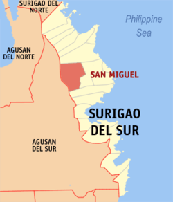 Map of Surigao del Sur with San Miguel highlighted