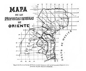 Map of Spanish colonies along the Gulf of Mexico showing Texas, Nuevo Santander, Coahuila, and Nuevo León