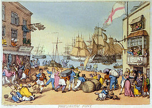 painting of a busy dockside scene showing sailors carousing with women, and tradesmen transporting their wares