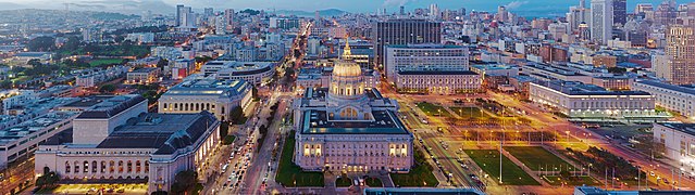 San Francisco City Hall as seen from 100 Van Ness at dusk (wide)