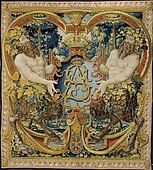 Tapestry with shield-bearing satyrs and monogram SA of Sigismund Augustus, Brussels, ca1555.