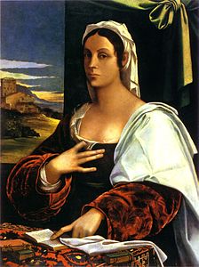 Giovanna d'Aragona y Cardona(1502 - divorced 1550 - 11 September 1575), a daughter of Fernando de Aragón y Guardato, 1st Duke of Montalto was sister in law of famous artistic and literary woman Vittoria Colonna, (1490 - 1547), here depicted, through her marriage to her brother Ascanio I Colonna, Duke dei Marsi, (1500 - 1557). Painting by Sebastiano del Piombo, (1485 - June 1547)