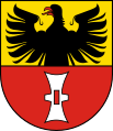Wappen von Mühlhausen mit einem Mühleisen im Schildfuß