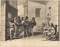 Noble men and women in a prison yard. Prisoners beseeching aid. One prisoner is chained at the neck.