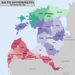 Map of Baltic governorates, which were the governorates of Courland, Livonia, and Estonia
