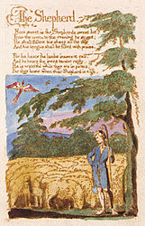 William Blake's hand painted print for his poem "The Shepherd" depicts the idyllic scene of a shepherd watching his flock with a shepherd's crook. This image represents copy B, printed and painted in 1789 and currently held by the Library of Congress.[5]