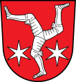Gemeinde Pilgramsreuth In Rot drei zusammenhängende, geharnischte silberne Beine im Dreipass; unten beiderseits je ein sechsstrahliger silberner Stern.[9]