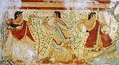 Fresco with dancers and musicians; c. 475 BC; fresco secco; height (of the wall); 1.7 m; Tomb of the Leopards (Monterozzi necropolis, Lazio, Italy)