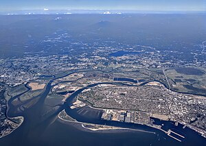 Aerial view of the Snohomish River delta, including portions of Everett, Lake Stevens, and Marysville