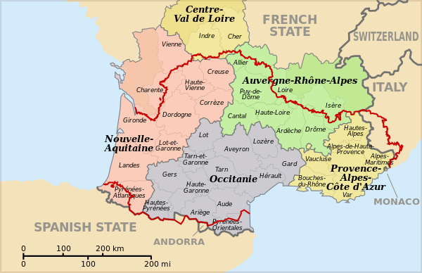 A map showing the extent of Occitania overlaid on the modern administrative regions and departments of southern France